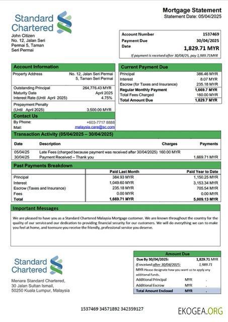 Modèle Word et PDF de relevé hypothécaire Malaysia Standard Chartered Malaysia